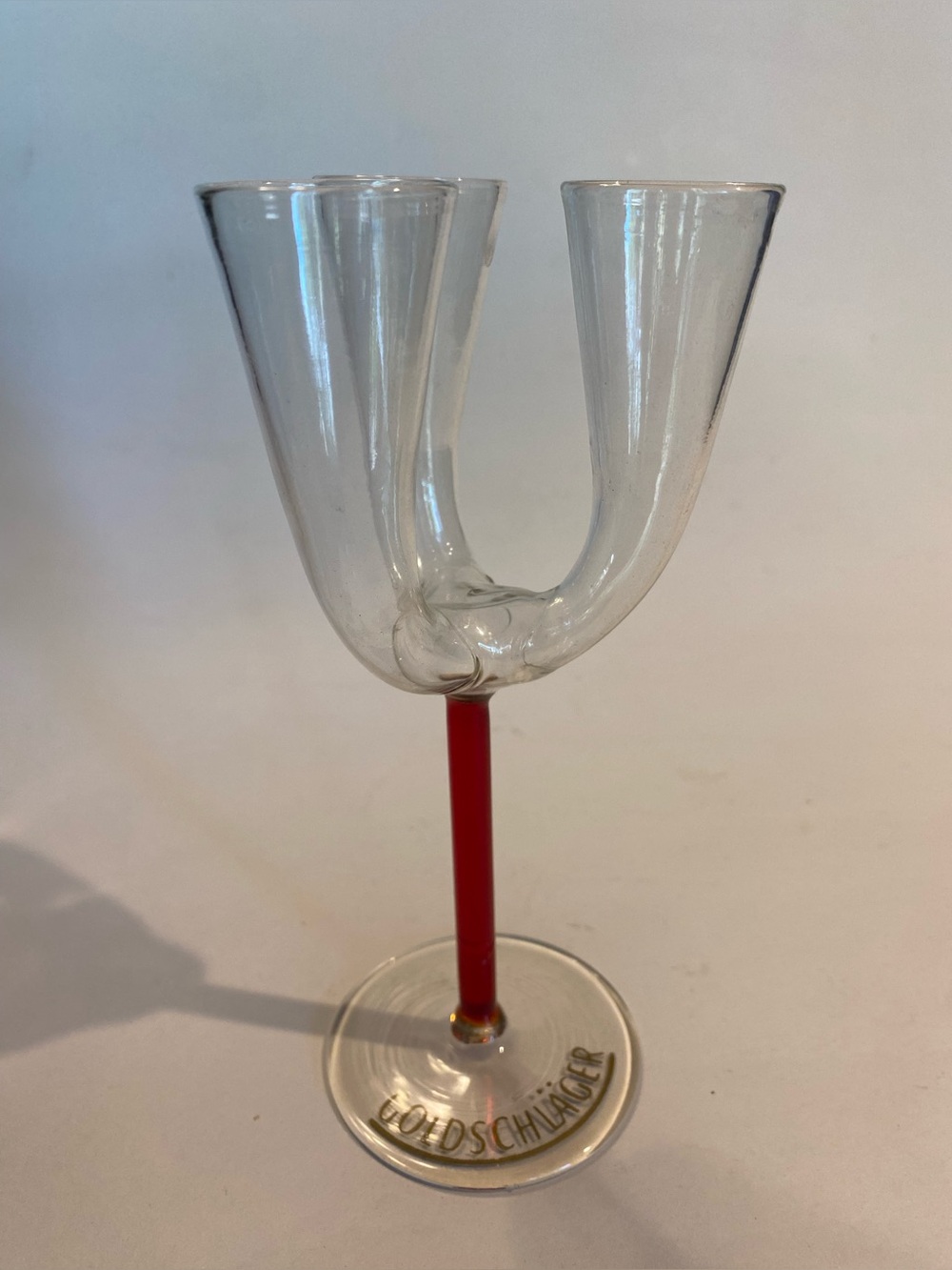 Vintage Goldschläger Triple Flute Shot Glass — Hand-Blown Red Stem Cordial Glass